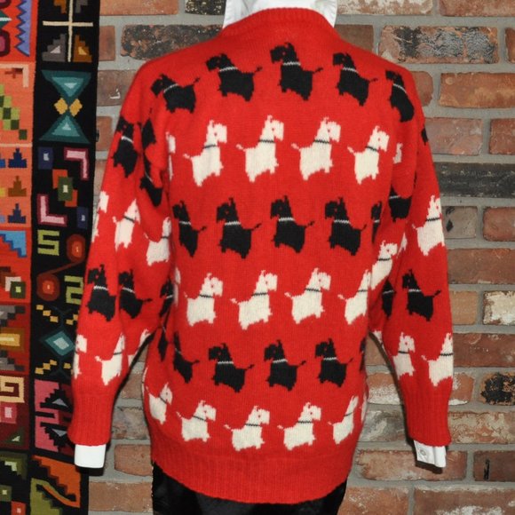 VTG KNIT PICS Scotland 100% WOOL Red Black White Scottie TERRIER DOG Sweater 38 - Picture 3 of 5